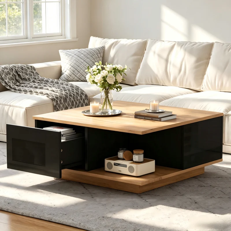 Table basse carrée effet bois et noir laqué avec 3 tiroirs 70x70x31,5cm ITALIAN METAL ELITE