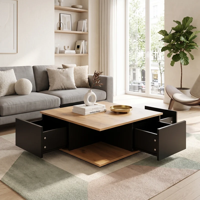 Table basse carrée effet bois et noir laqué avec 3 tiroirs 70x70x31,5cm ITALIAN METAL ELITE