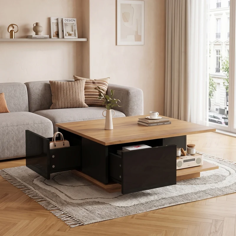Table basse carrée effet bois et noir laqué avec 3 tiroirs 70x70x31,5cm ITALIAN METAL ELITE