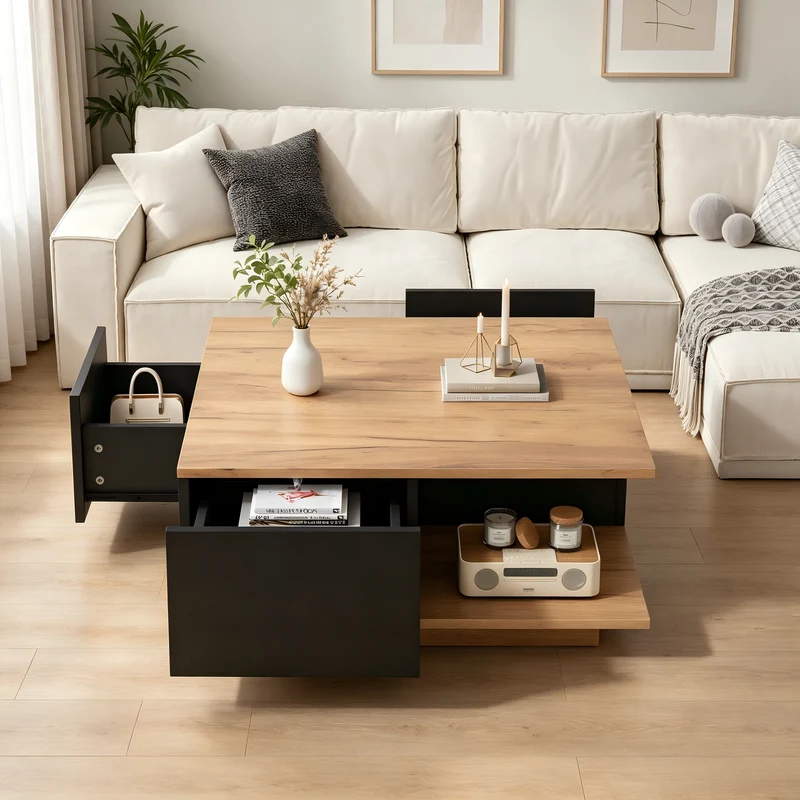 Table basse carrée effet bois et noir laqué avec 3 tiroirs 70x70x31,5cm ITALIAN METAL ELITE