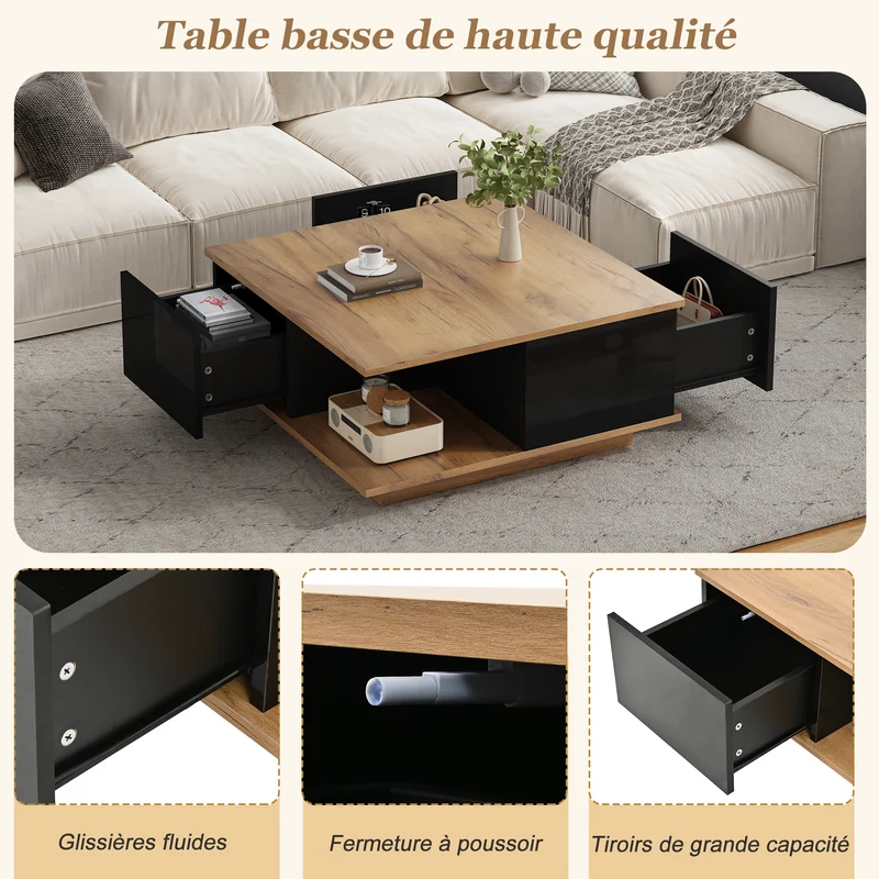 Table basse carrée effet bois et noir laqué avec 3 tiroirs 70x70x31,5cm ITALIAN METAL ELITE
