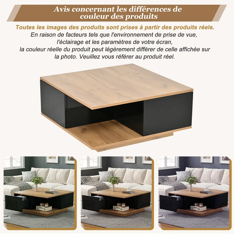 Table basse carrée effet bois et noir laqué avec 3 tiroirs 70x70x31,5cm ITALIAN METAL ELITE