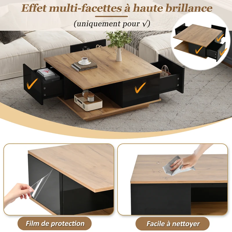 Table basse carrée effet bois et noir laqué avec 3 tiroirs 70x70x31,5cm ITALIAN METAL ELITE