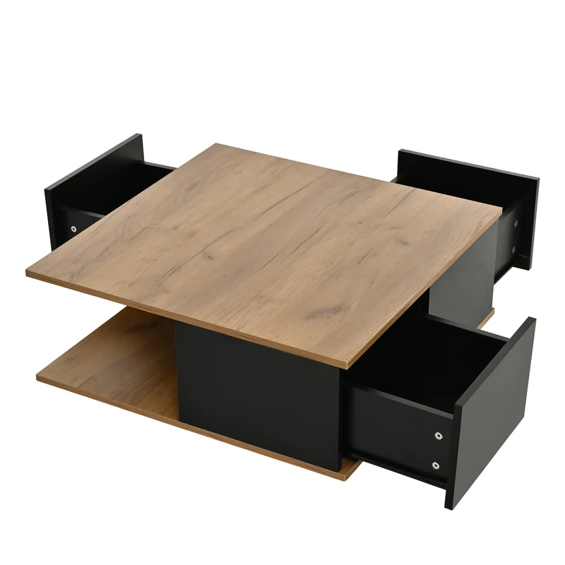 Table basse carrée effet bois et noir laqué avec 3 tiroirs 70x70x31,5cm ITALIAN METAL ELITE