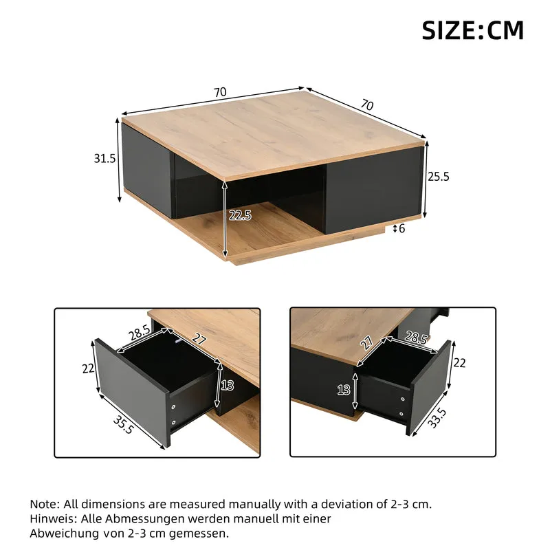 Table basse carrée effet bois et noir laqué avec 3 tiroirs 70x70x31,5cm ITALIAN METAL ELITE