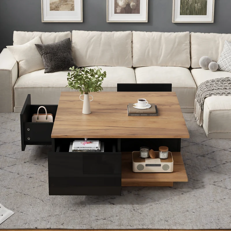 Table basse carrée effet bois et noir laqué avec 3 tiroirs 70x70x31,5cm ITALIAN METAL ELITE