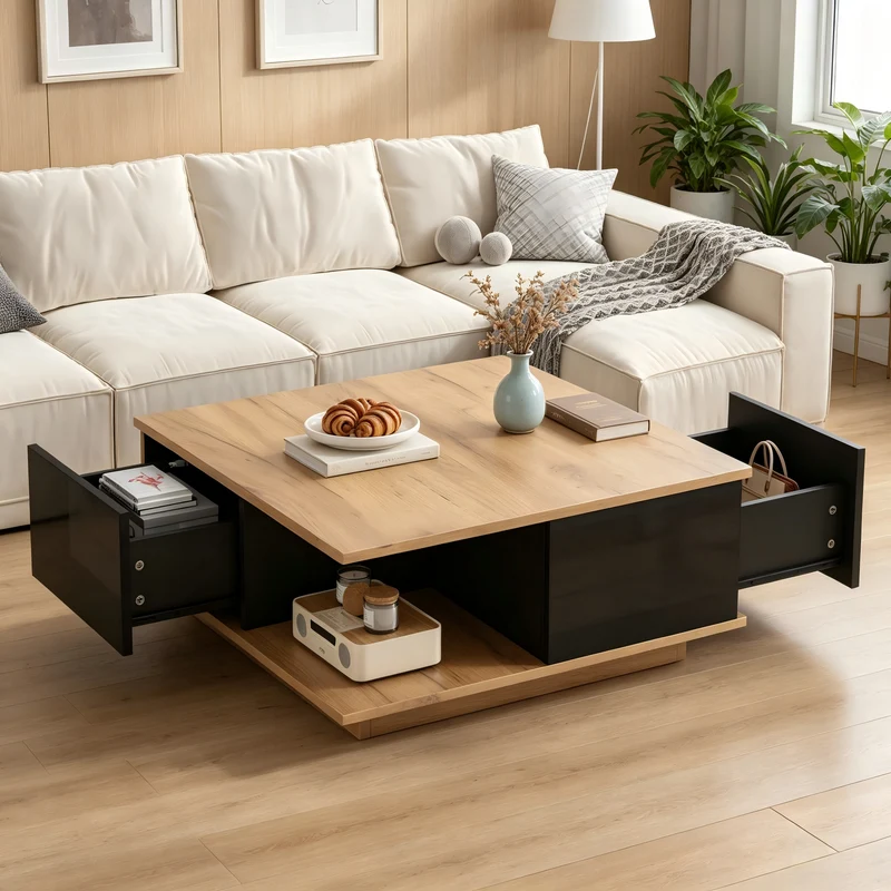 Table basse carrée effet bois et noir laqué avec 3 tiroirs 70x70x31,5cm ITALIAN METAL ELITE
