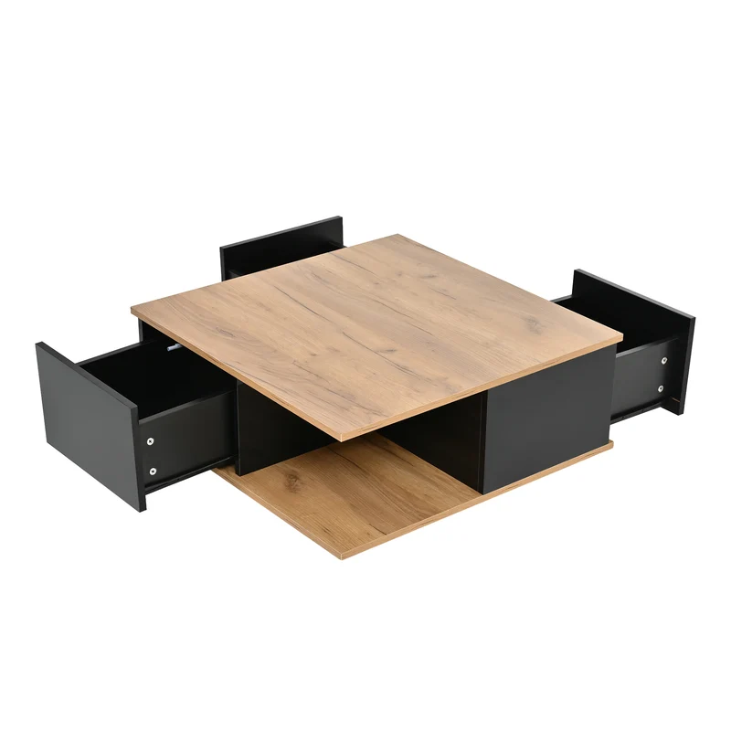 Table basse carrée effet bois et noir laqué avec 3 tiroirs 70x70x31,5cm ITALIAN METAL ELITE