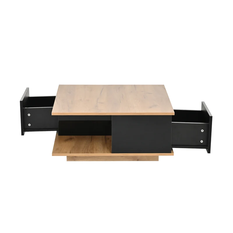 Table basse carrée effet bois et noir laqué avec 3 tiroirs 70x70x31,5cm ITALIAN METAL ELITE