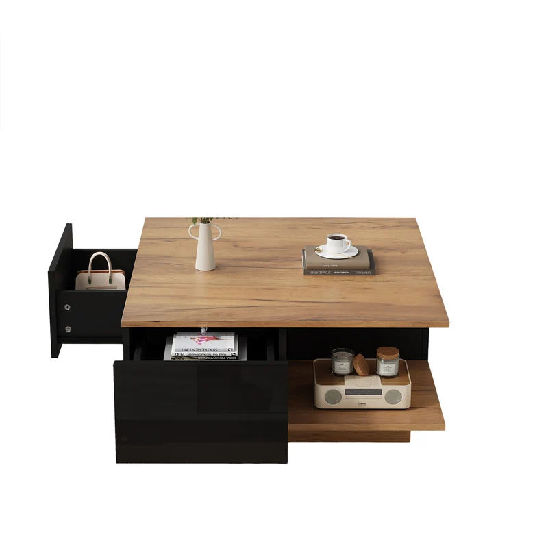Table basse carrée effet bois et noir laqué avec 3 tiroirs 70x70x31,5cm ITALIAN METAL ELITE