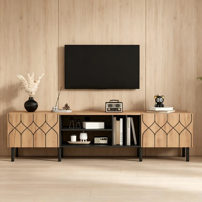 Meuble TV effet bois et noir avec portes à motifs géométriques 180x40x50cm ITALIAN GOLD LINE