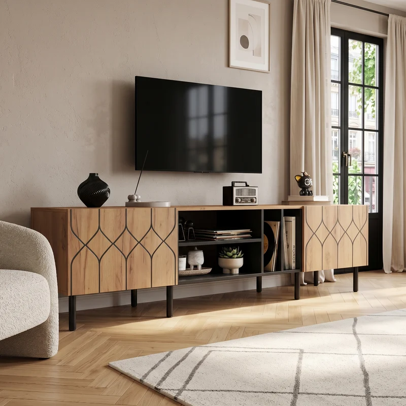 Meuble TV effet bois et noir avec portes à motifs géométriques 180x40x50cm ITALIAN GOLD LINE