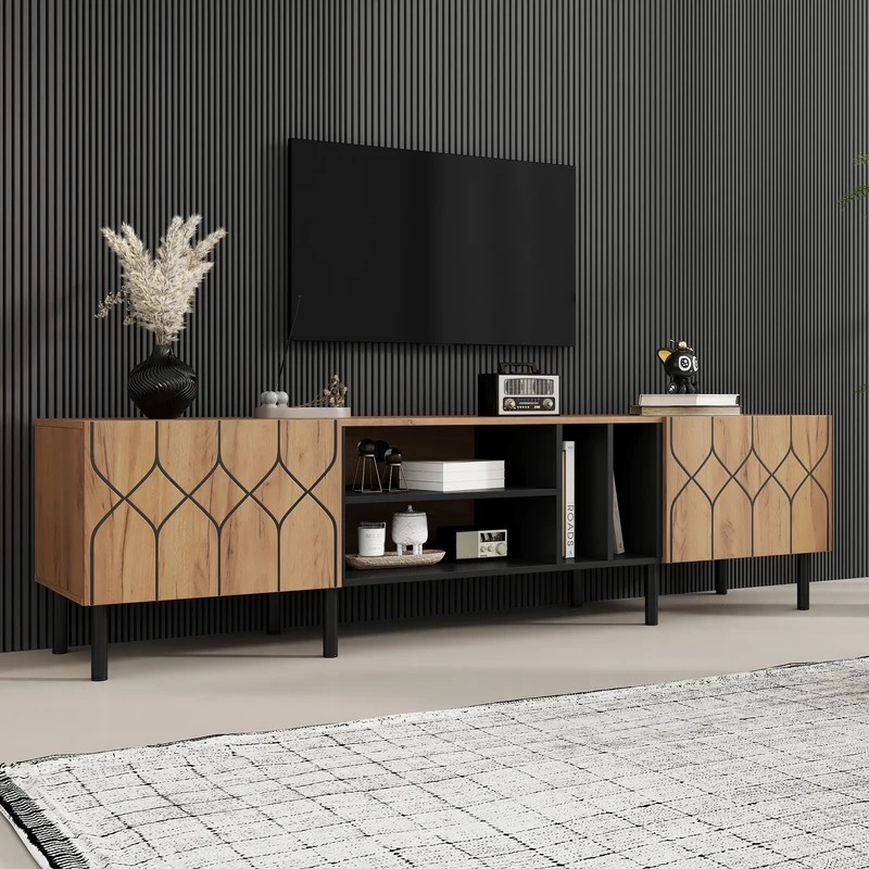 Meuble TV effet bois et noir avec portes à motifs géométriques 180x40x50cm ITALIAN GOLD LINE