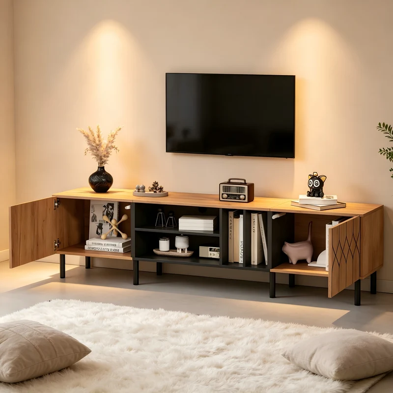 Meuble TV effet bois et noir avec portes à motifs géométriques 180x40x50cm ITALIAN GOLD LINE