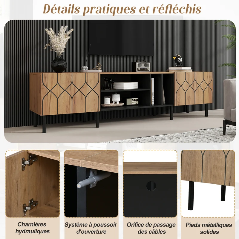 Meuble TV effet bois et noir avec portes à motifs géométriques 180x40x50cm ITALIAN GOLD LINE