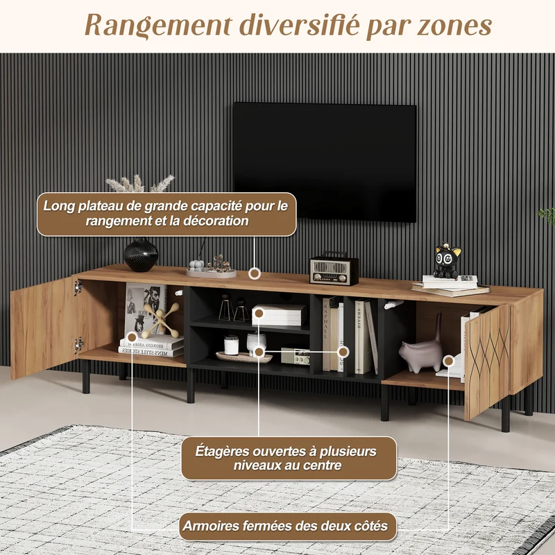 Meuble TV effet bois et noir avec portes à motifs géométriques 180x40x50cm ITALIAN GOLD LINE