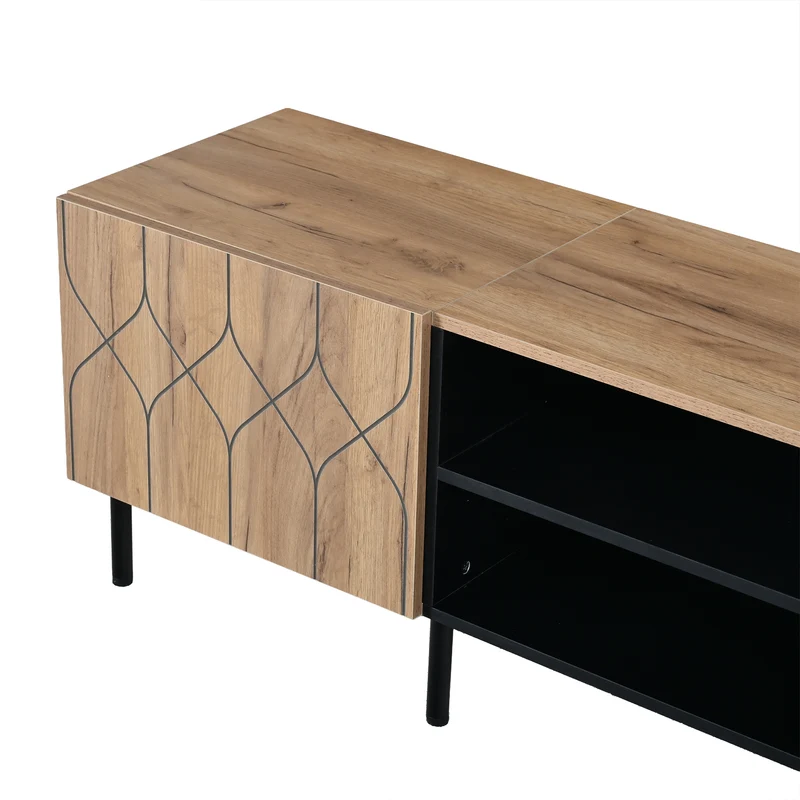 Meuble TV effet bois et noir avec portes à motifs géométriques 180x40x50cm ITALIAN GOLD LINE