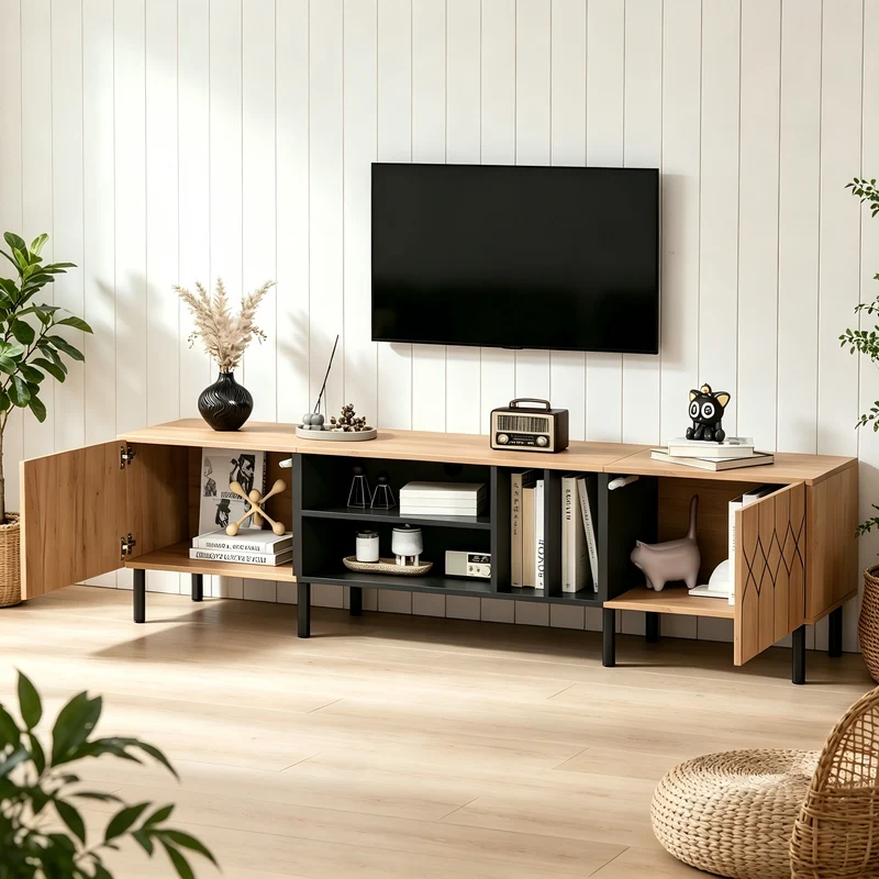 Meuble TV effet bois et noir avec portes à motifs géométriques 180x40x50cm ITALIAN GOLD LINE