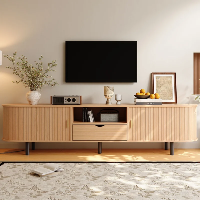 Meuble TV ovale effet bois clair 2 portes coulissantes tiroir et niche détails dorés ITALIAN FRAME