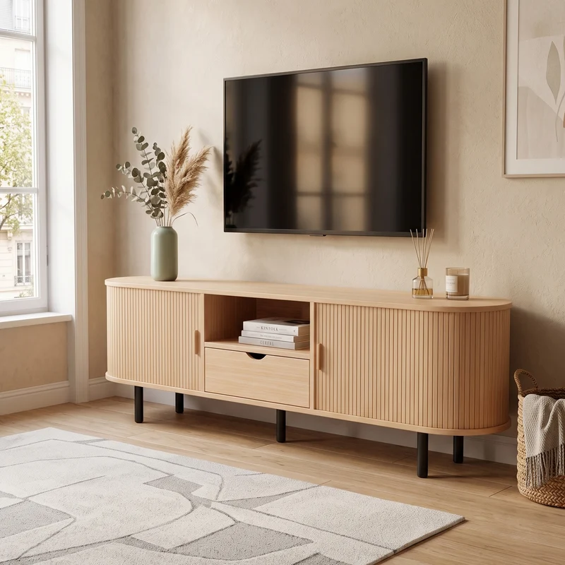 Meuble TV ovale effet bois clair 2 portes coulissantes tiroir et niche détails dorés ITALIAN FRAME