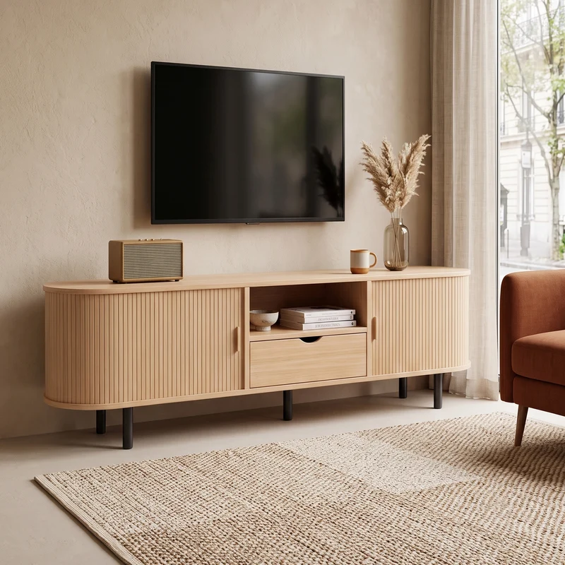Meuble TV ovale effet bois clair 2 portes coulissantes tiroir et niche détails dorés ITALIAN FRAME