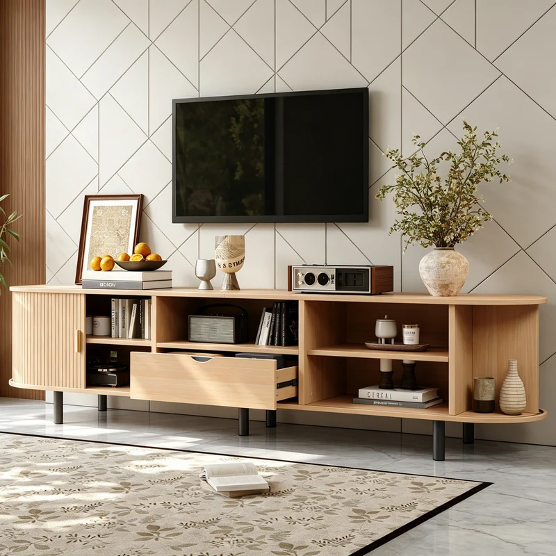 Meuble TV ovale effet bois clair 2 portes coulissantes tiroir et niche détails dorés ITALIAN FRAME
