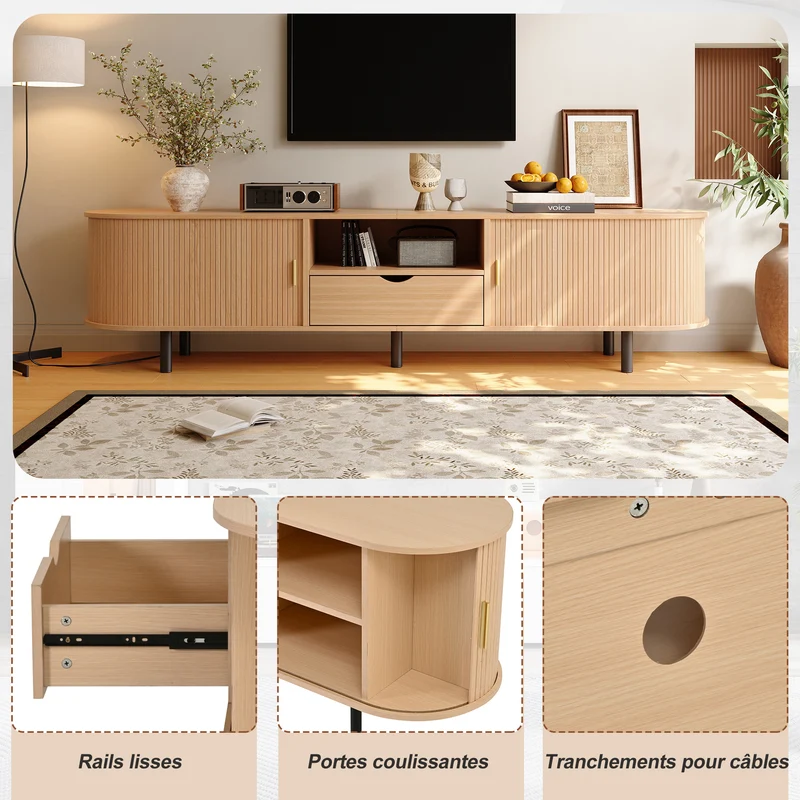 Meuble TV ovale effet bois clair 2 portes coulissantes tiroir et niche détails dorés ITALIAN FRAME