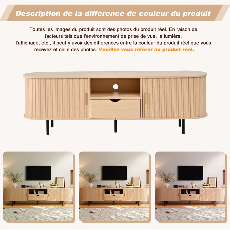 Meuble TV ovale effet bois clair 2 portes coulissantes tiroir et niche détails dorés ITALIAN FRAME