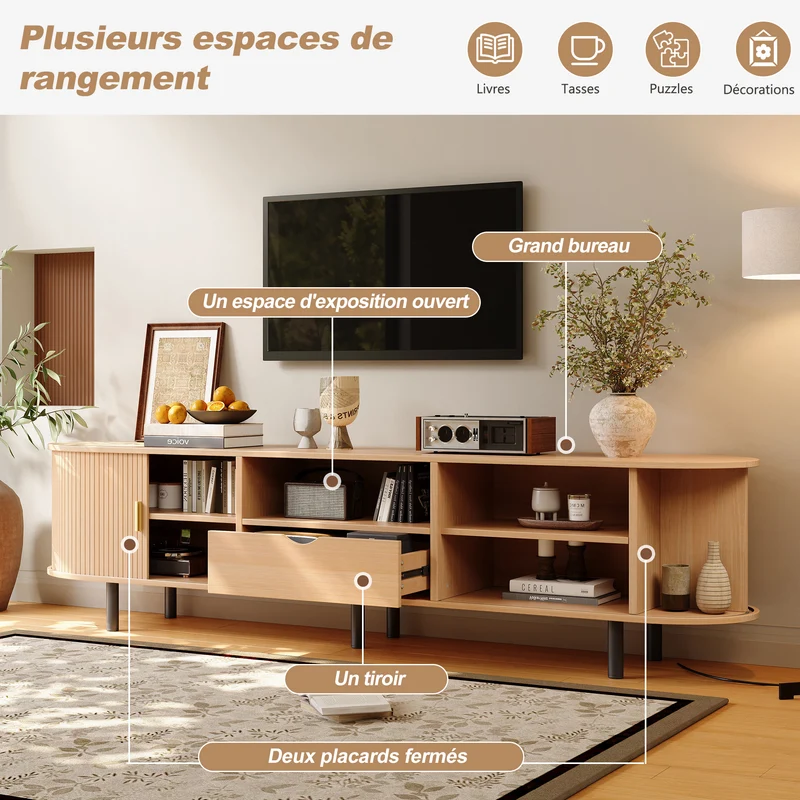 Meuble TV ovale effet bois clair 2 portes coulissantes tiroir et niche détails dorés ITALIAN FRAME