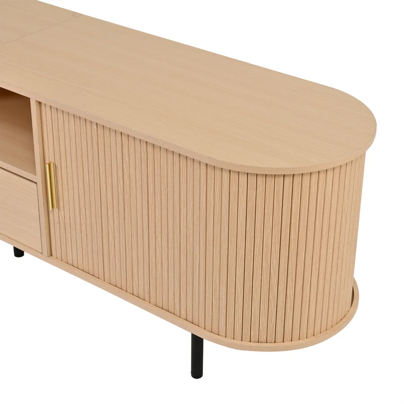 Meuble TV ovale effet bois clair 2 portes coulissantes tiroir et niche détails dorés ITALIAN FRAME