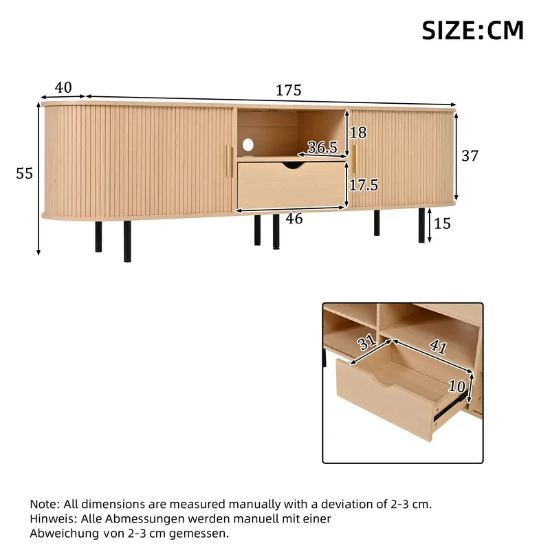 Meuble TV ovale effet bois clair 2 portes coulissantes tiroir et niche détails dorés ITALIAN FRAME
