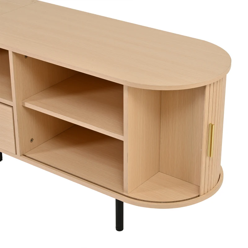 Meuble TV ovale effet bois clair 2 portes coulissantes tiroir et niche détails dorés ITALIAN FRAME