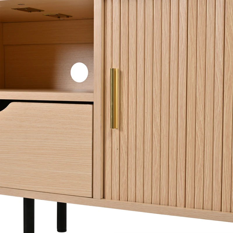 Meuble TV ovale effet bois clair 2 portes coulissantes tiroir et niche détails dorés ITALIAN FRAME