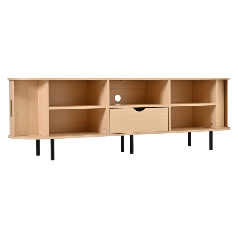Meuble TV ovale effet bois clair 2 portes coulissantes tiroir et niche détails dorés ITALIAN FRAME