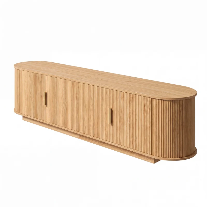 Meuble TV ovale rétro effet bois clair 4 portes au design ondulé 3D détails dorés FLEX STONE PRO