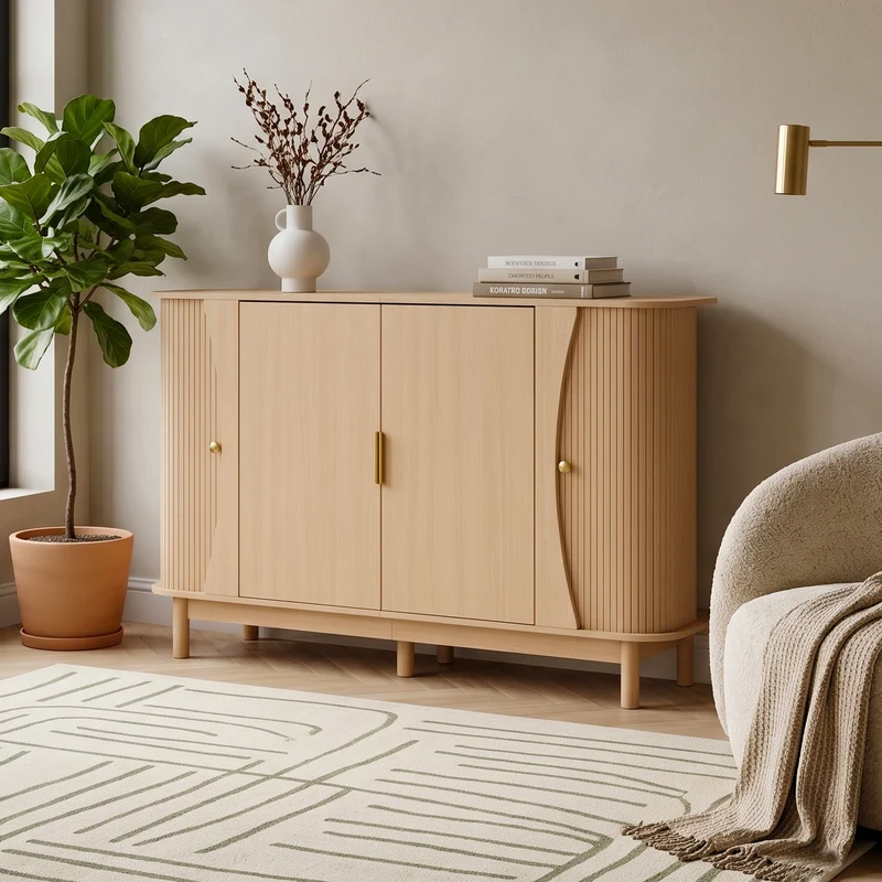 Buffet effet bois clair 2 portes battantes et 2 portes coulissantes à lames verticales ITALIAN DRESSER