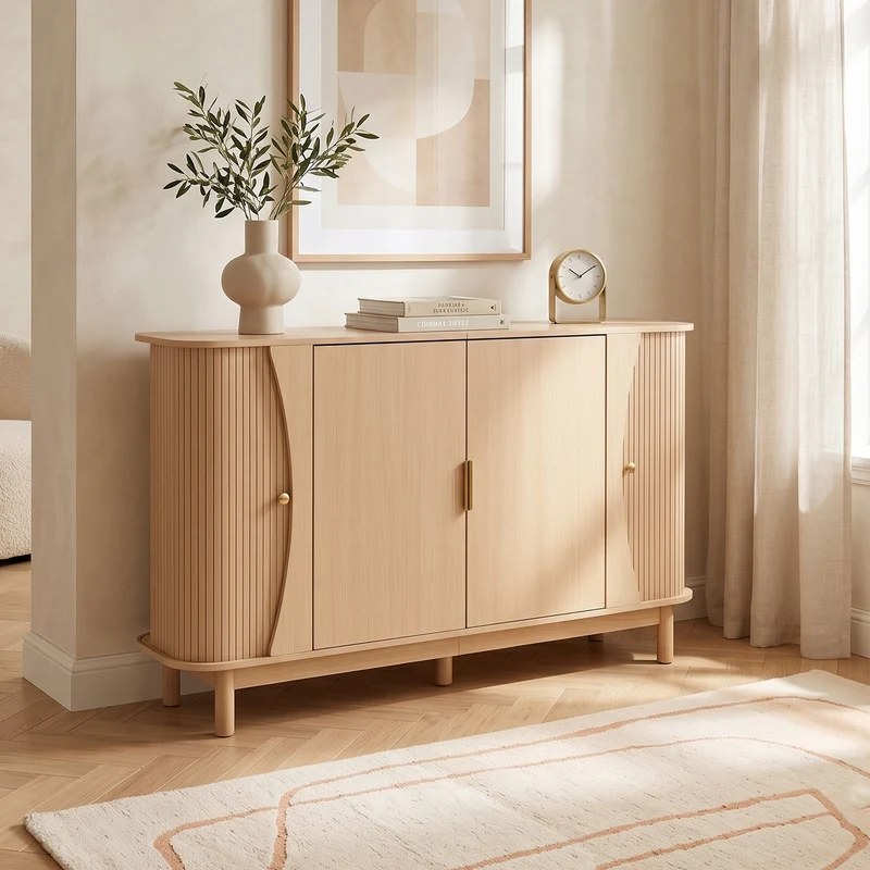Buffet effet bois clair 2 portes battantes et 2 portes coulissantes à lames verticales ITALIAN DRESSER