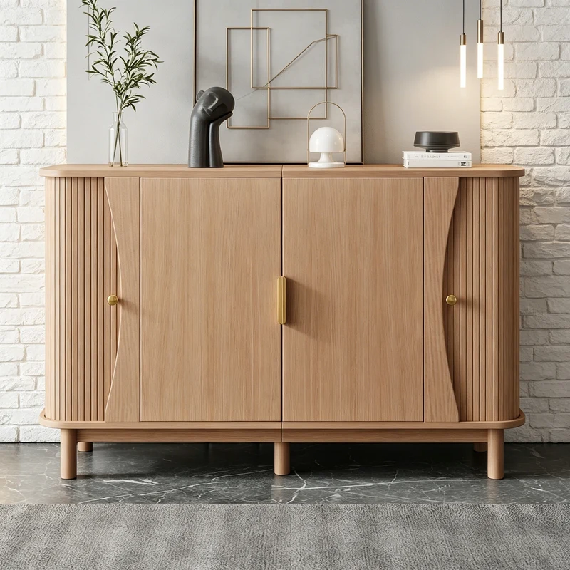 Buffet effet bois clair 2 portes battantes et 2 portes coulissantes à lames verticales ITALIAN DRESSER