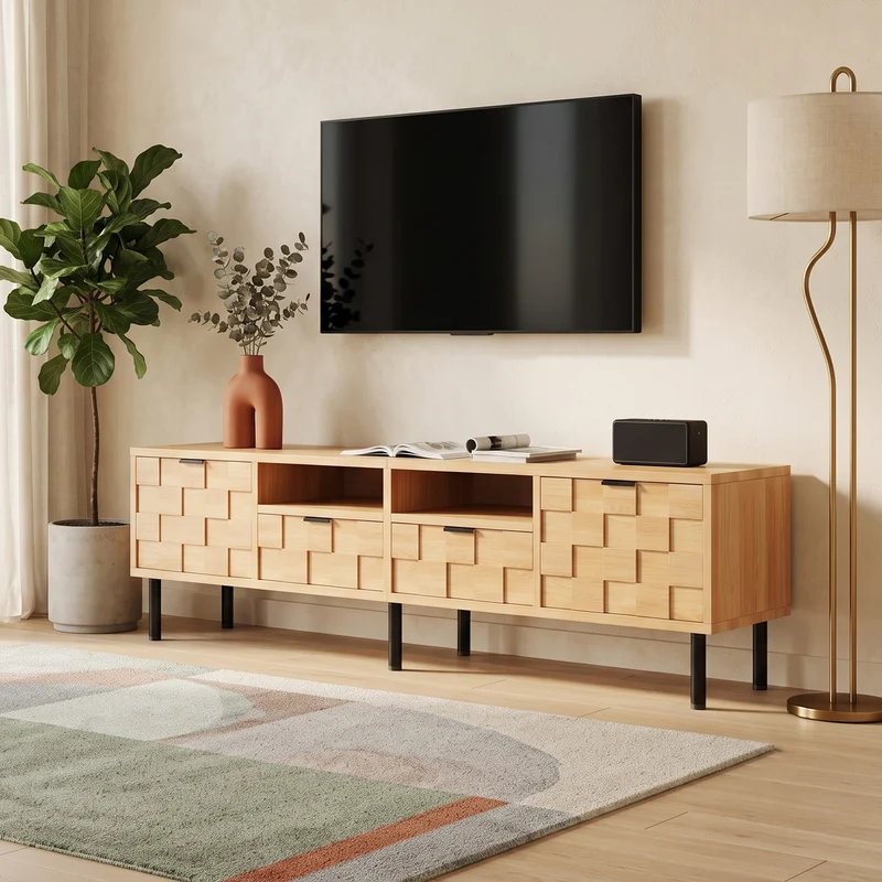 Meuble TV effet bois façade 3D texturée 2 portes 2 niches et 2 tiroirs ITALIAN DESK