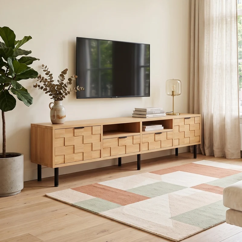Meuble TV effet bois façade 3D texturée 2 portes 2 niches et 2 tiroirs ITALIAN DESK
