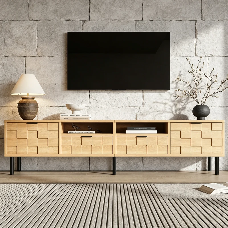 Meuble TV effet bois façade 3D texturée 2 portes 2 niches et 2 tiroirs ITALIAN DESK