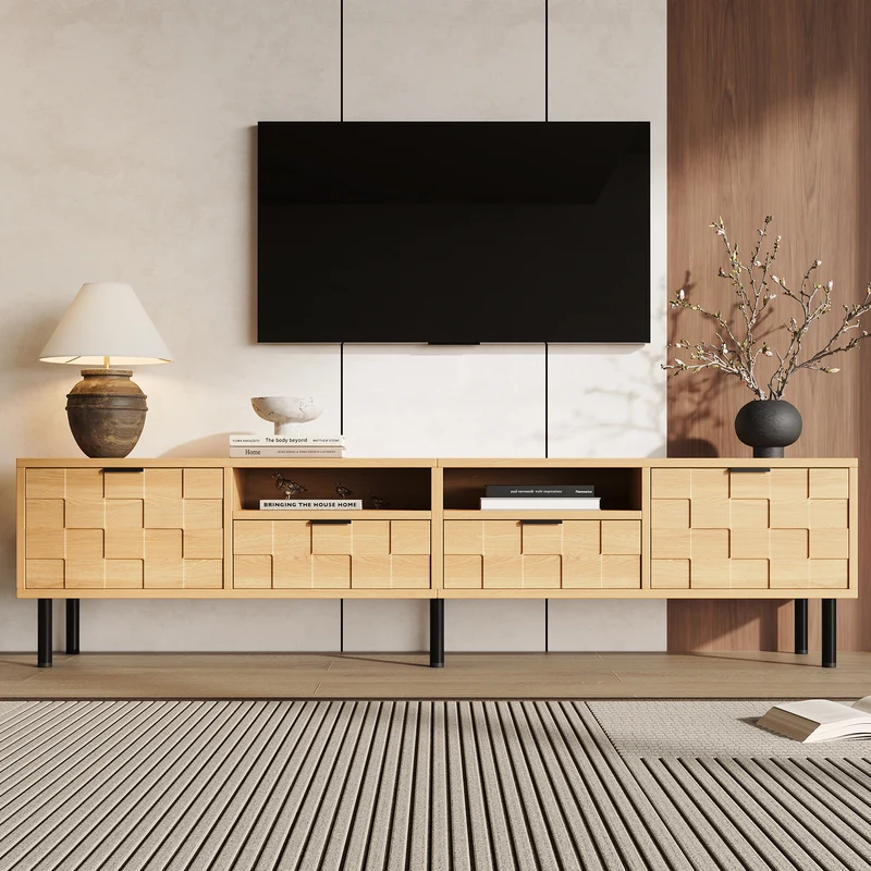 Meuble TV effet bois façade 3D texturée 2 portes 2 niches et 2 tiroirs ITALIAN DESK