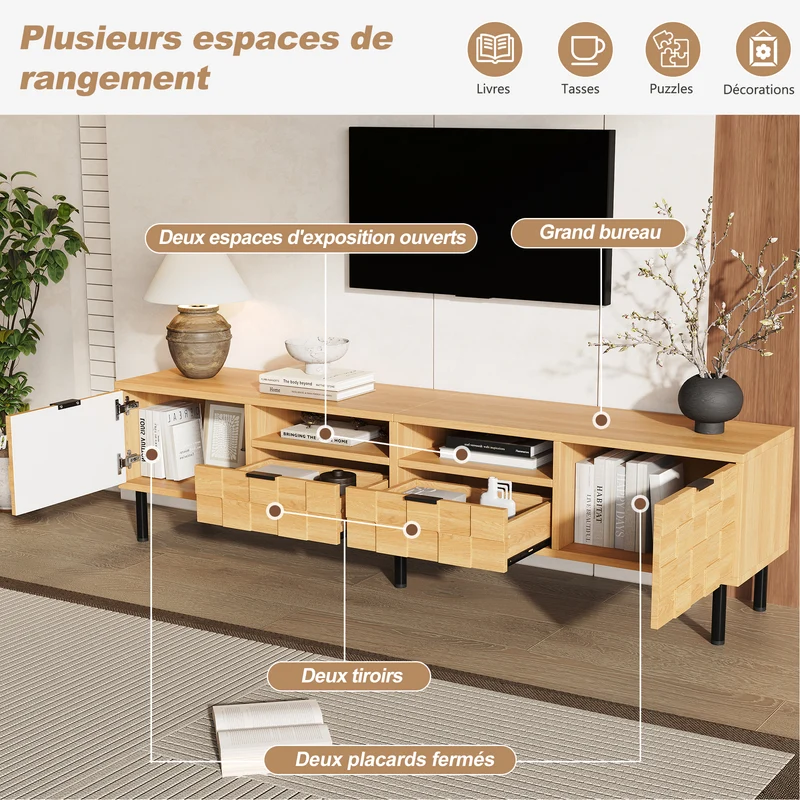 Meuble TV effet bois façade 3D texturée 2 portes 2 niches et 2 tiroirs ITALIAN DESK