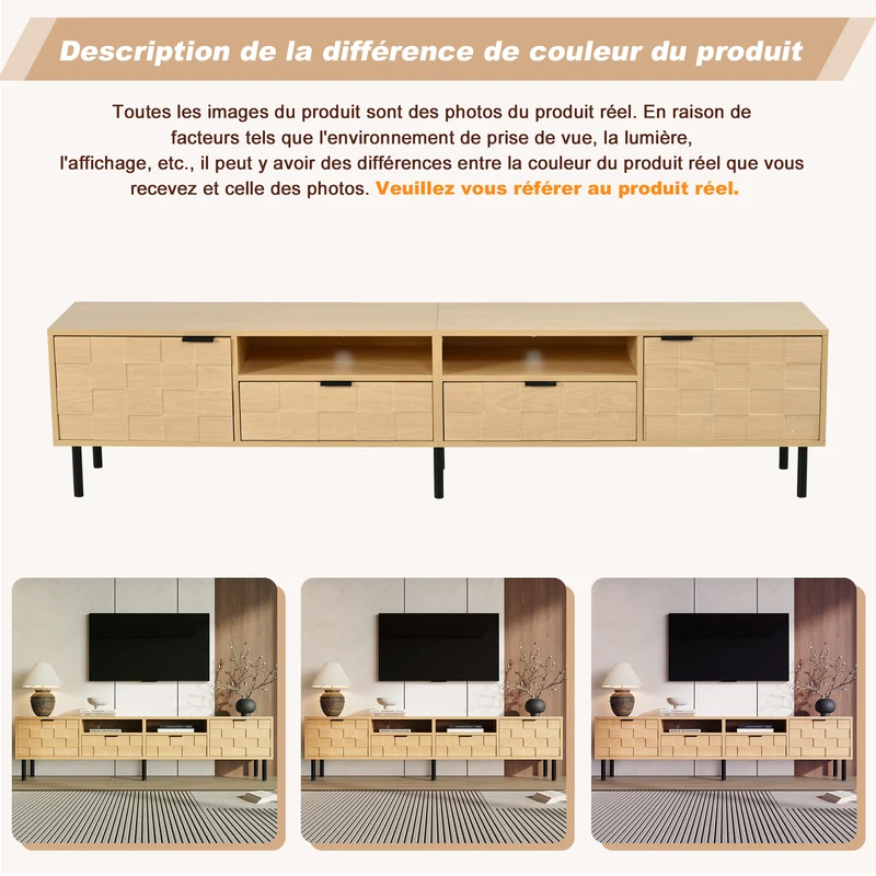 Meuble TV effet bois façade 3D texturée 2 portes 2 niches et 2 tiroirs ITALIAN DESK