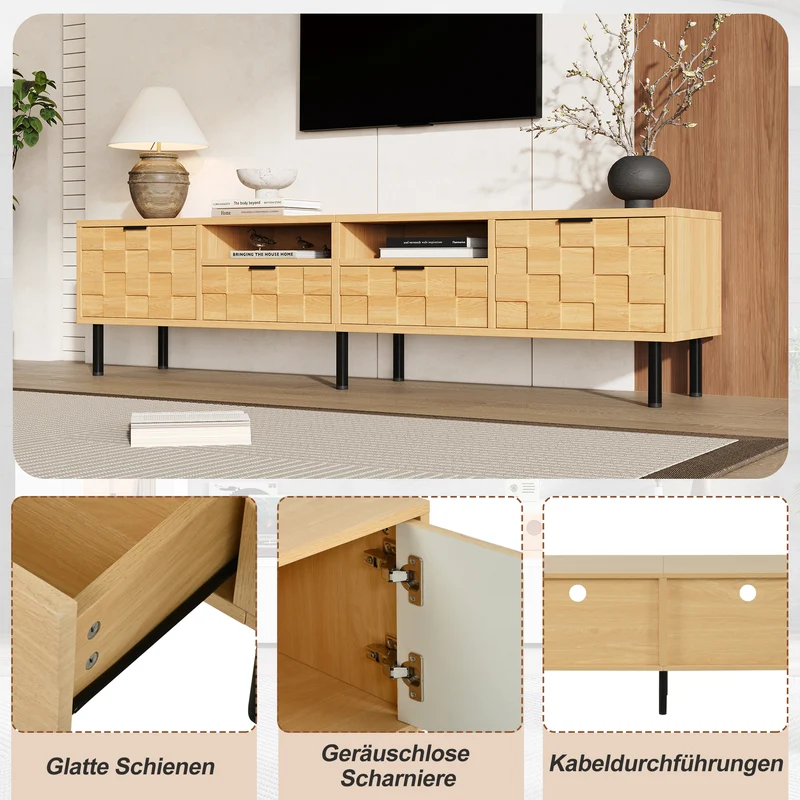 Meuble TV effet bois façade 3D texturée 2 portes 2 niches et 2 tiroirs ITALIAN DESK