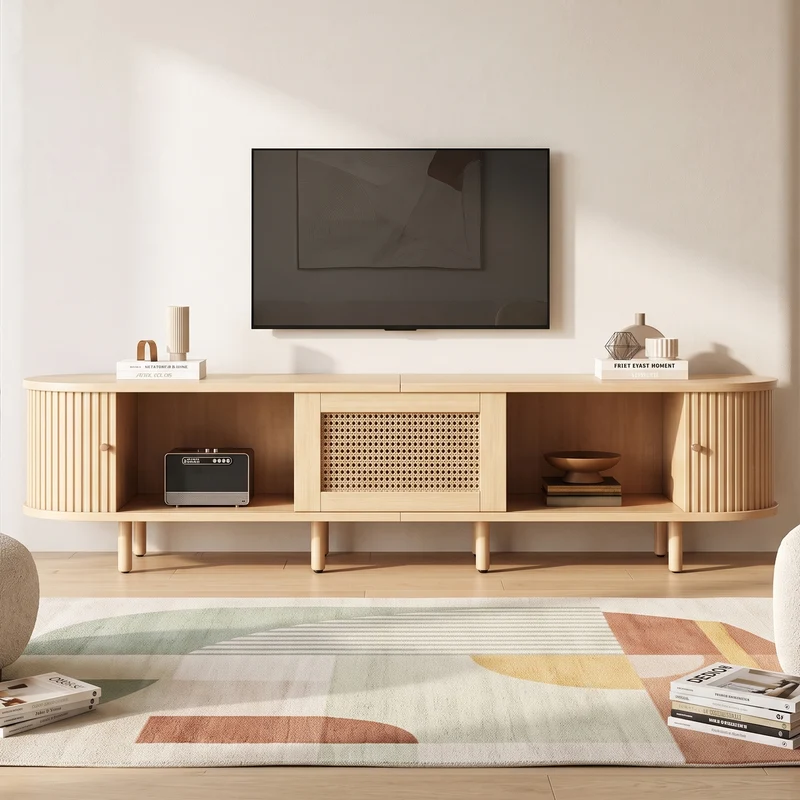 Meuble TV ovale effet bois clair tiroir central en rotin avec 2 portes coulissantes à latte ITALIAN CORNER