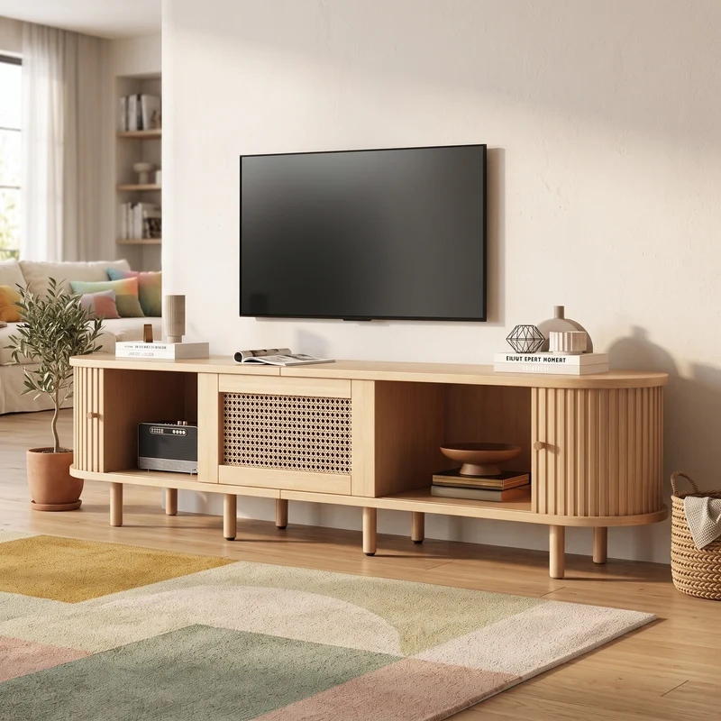 Meuble TV ovale effet bois clair tiroir central en rotin avec 2 portes coulissantes à latte ITALIAN CORNER