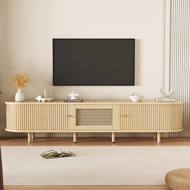 Meuble TV ovale effet bois clair tiroir central en rotin avec 2 portes coulissantes à latte ITALIAN CORNER