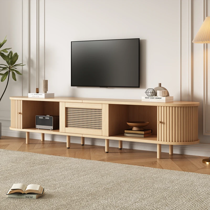 Meuble TV ovale effet bois clair tiroir central en rotin avec 2 portes coulissantes à latte ITALIAN CORNER