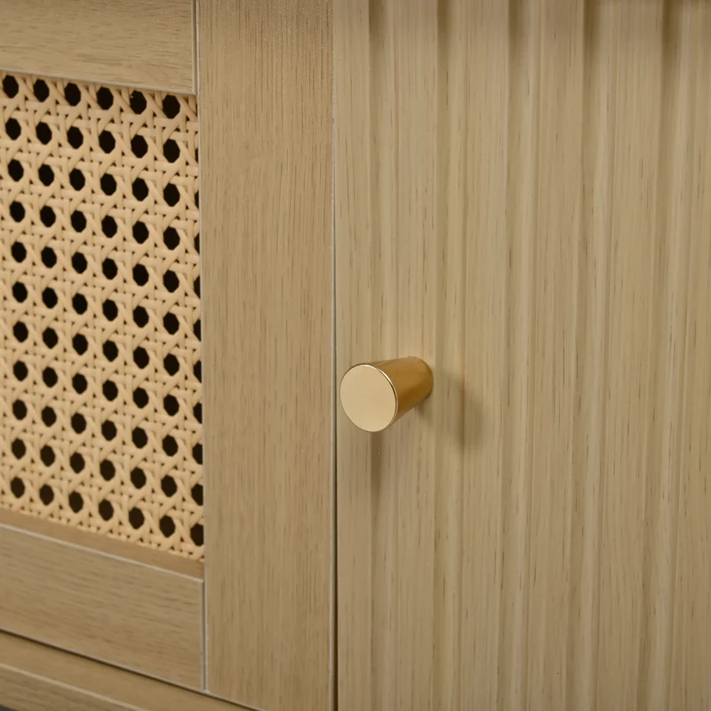 Meuble TV ovale effet bois clair tiroir central en rotin avec 2 portes coulissantes à latte ITALIAN CORNER
